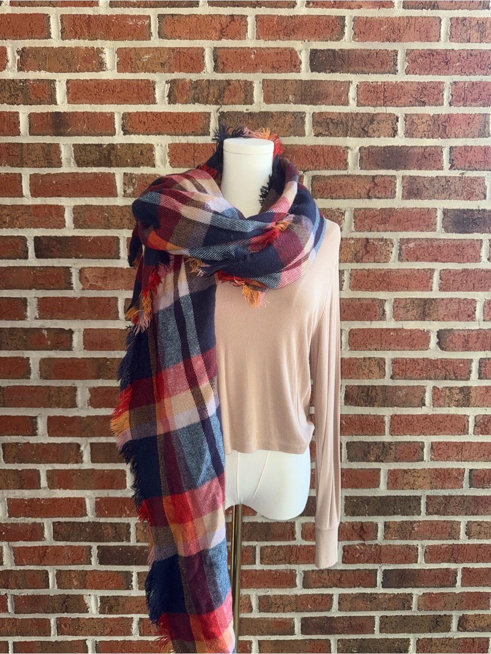 L.L. Bean Plaid Oversized Throw Scarf in Navy, Red & Cream